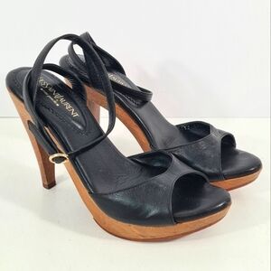YSL Rive Gauche Black Leather Strappy Sandal Heels Size 37